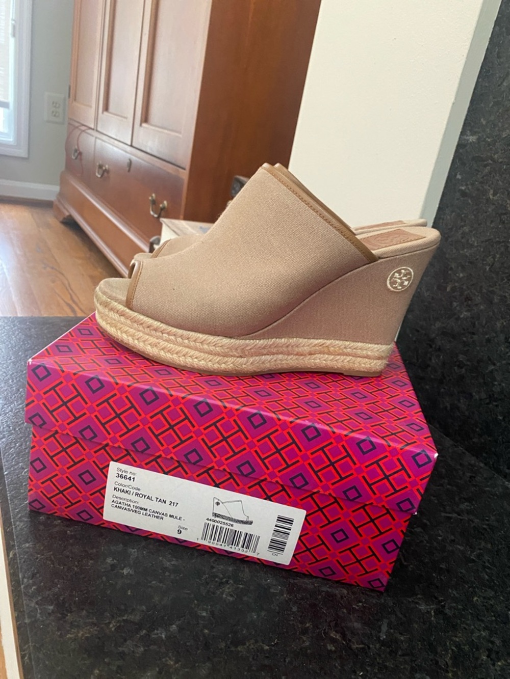 Tory Burch Khaki Canvas Espadrille Wedge Mule